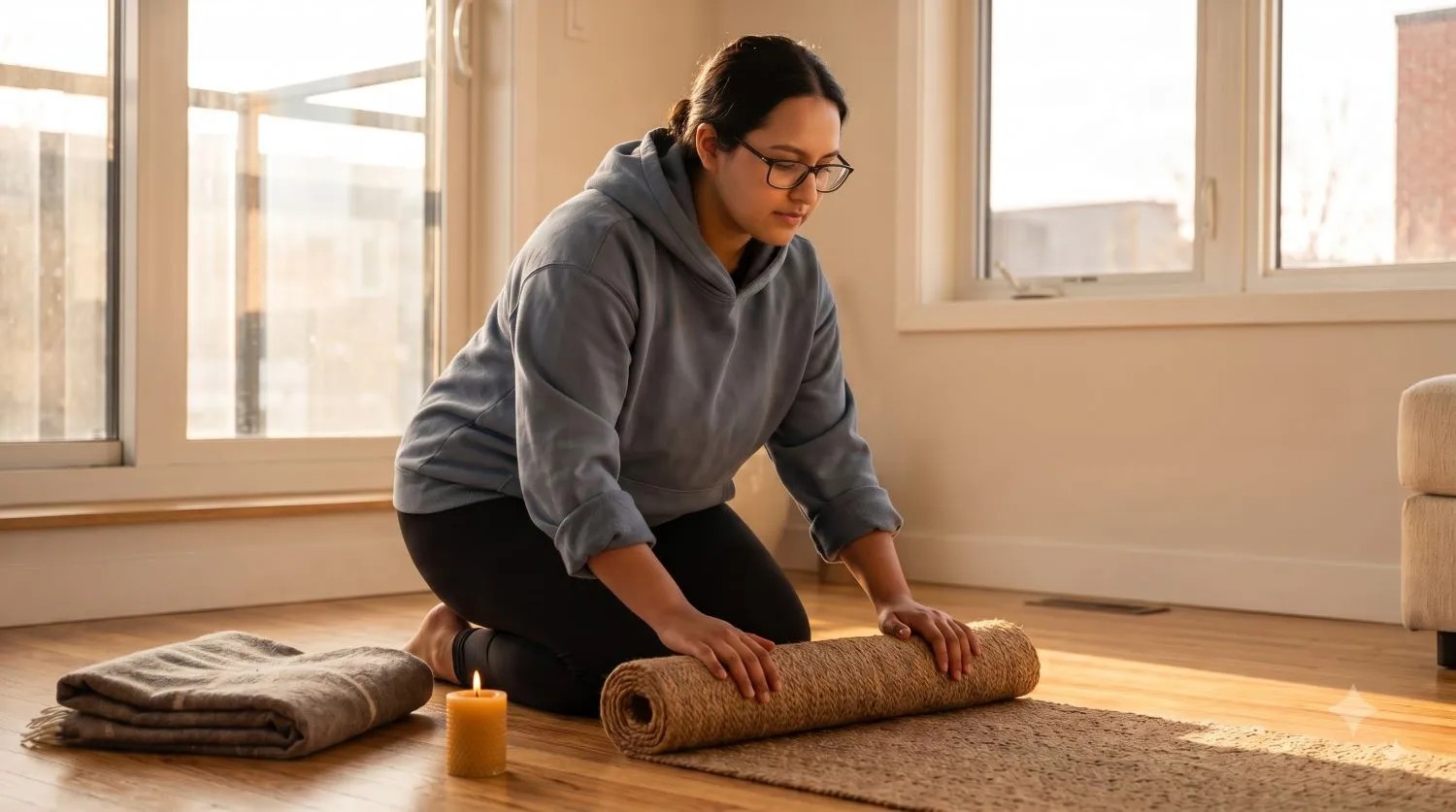 Simran rolling out her yoga mat before practice