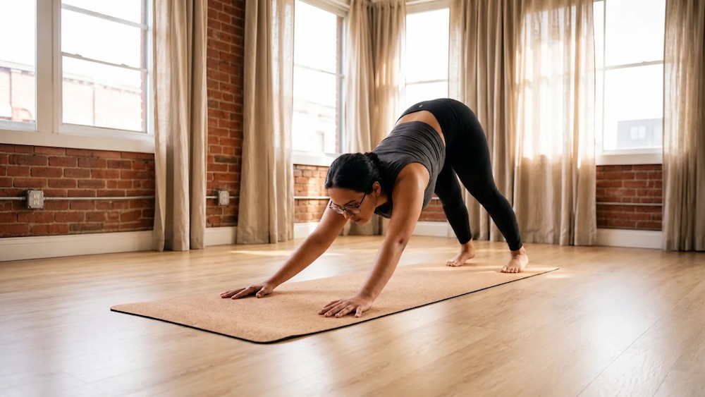 Simran practicing a forward bend on her yoga mat