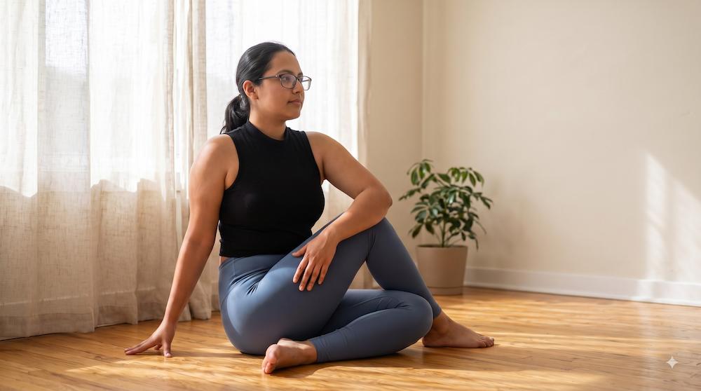 Simran seated in meditation on her yoga mat