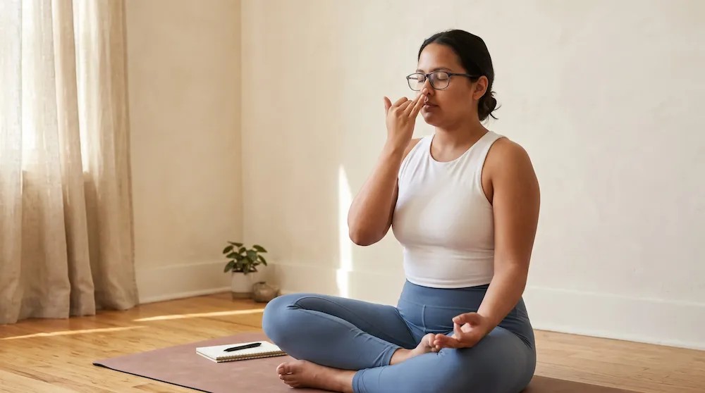 Simran seated on her yoga mat practicing a breathing exercise