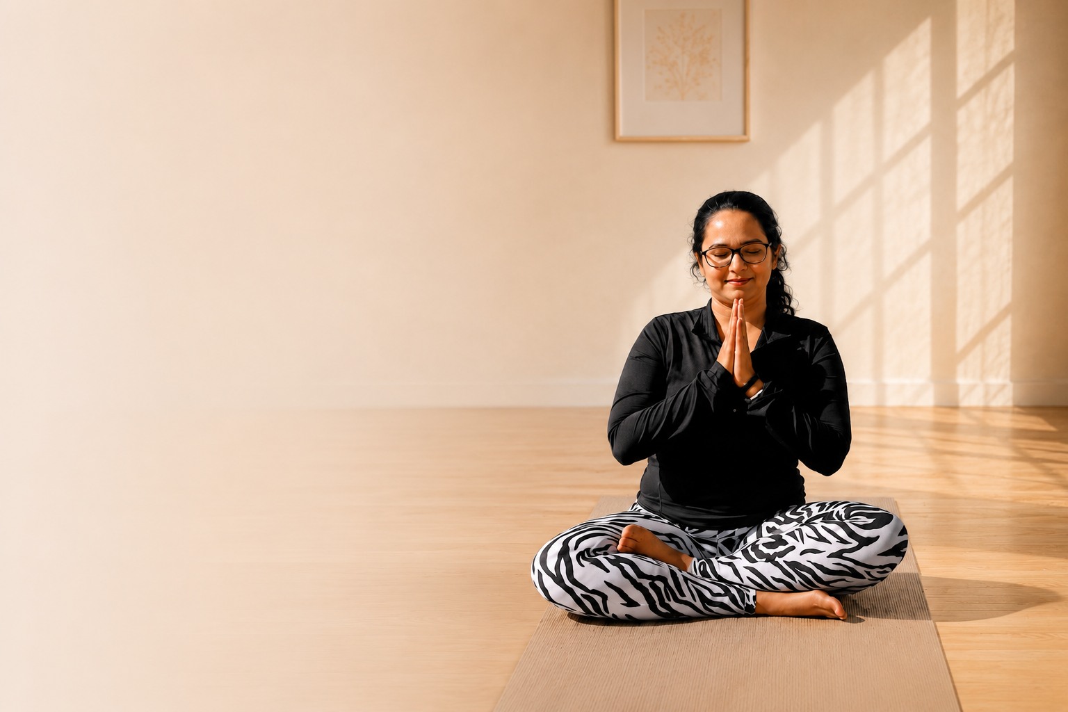 Simran seated in a calm, sunlit studio, eyes closed, hands in prayer position