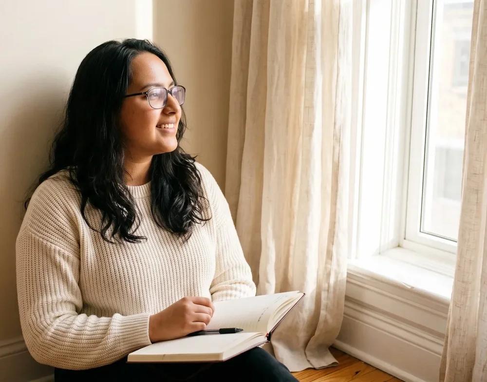 Simran sitting by a window with a diary and pen